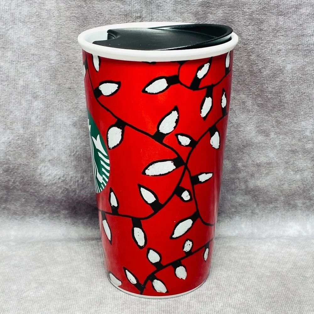 Starbucks 12 fl oz Red Holiday Tumbler Christmas Lights  2016 Green Mermaid Logo